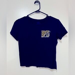 Women's - MTV Navy Blue Crop Graphic Tee w Cheetah Logo - XS
